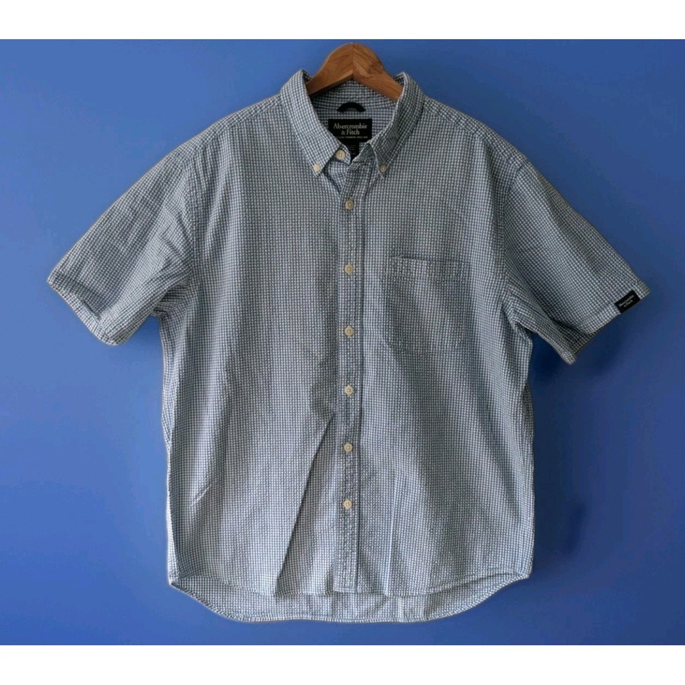 Vtg Abercrombie & Fitch Seersucker Cotton Blue White Shirt Men's Large Americana